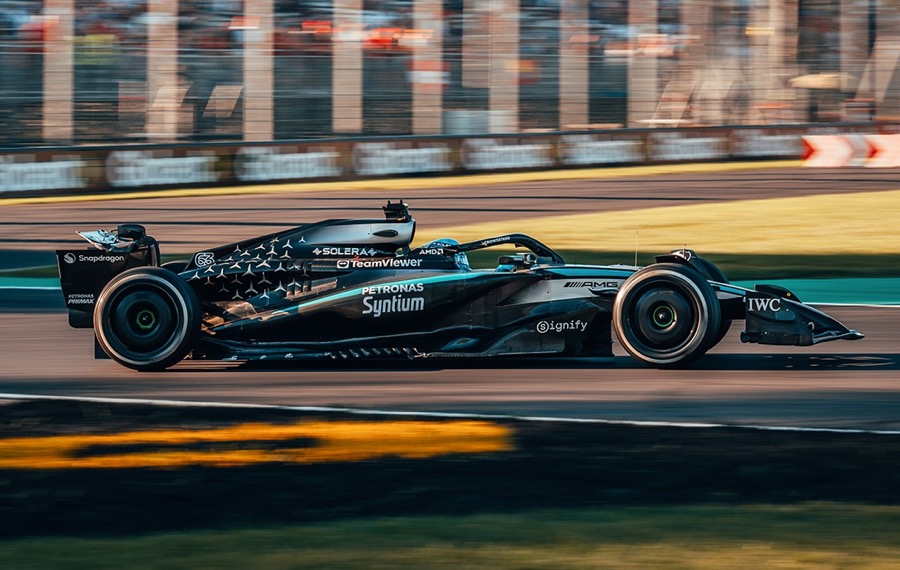 Mercedes-AMG Petronas Formula 1 car at speed past the grandstands, Italian Grand Prix 2025